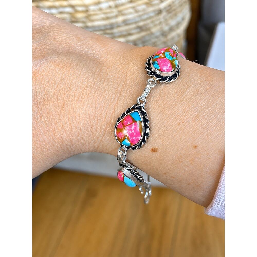 Cotton Candy Turquoise Bracelet Silver Plated Pink Southwestern Boho Adjustable - Picture 2 of 7